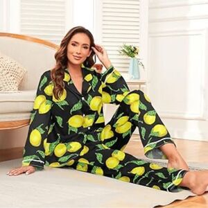 Pj Sleepwear Top Pants Set Yellow Lemon Tropical Fruit Button Down Size S